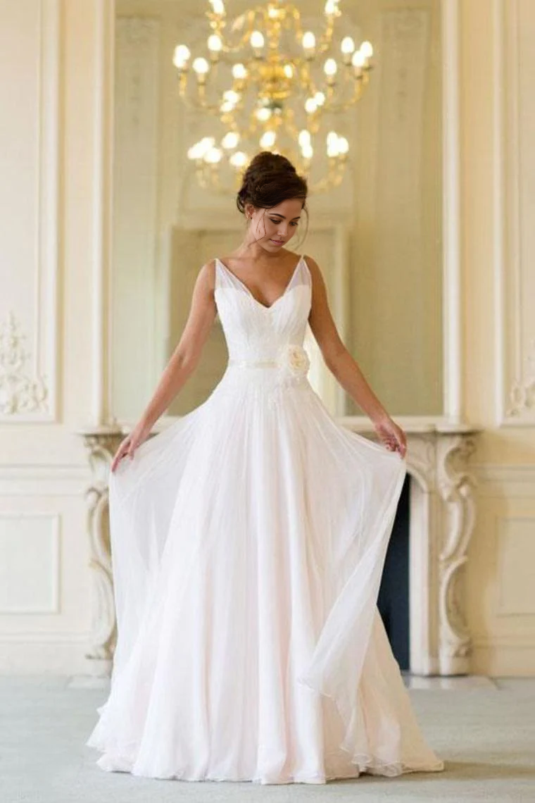 Vestido de novia de gasa sin mangas, largo hasta el suelo, con escote en V y corte A para playa
